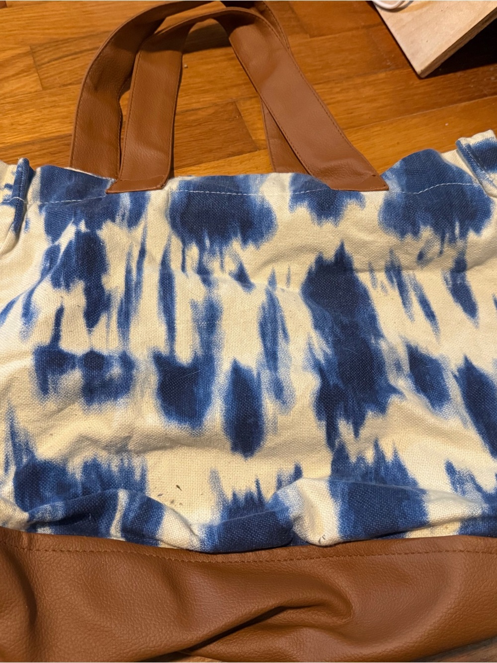 Blue Tie-Dye Canvas Tote with Brown Leather Handles